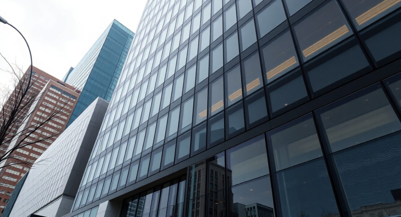 Modern corporate office building in a financial district representing MicroStrategy headquarters