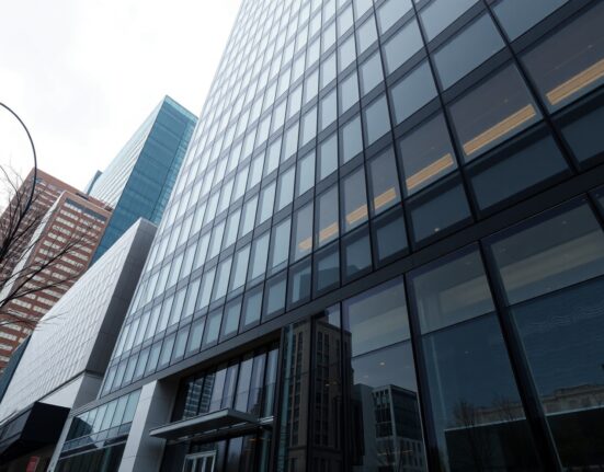 Modern corporate office building in a financial district representing MicroStrategy headquarters