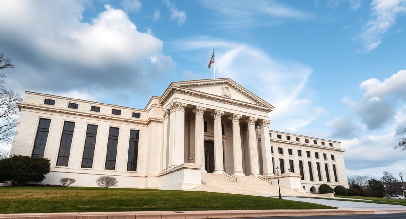 Exterior of the Federal Reserve building in Washington, D.C., on a cloudy day.