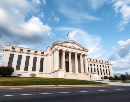 Exterior of the Federal Reserve building in Washington, D.C., on a cloudy day.