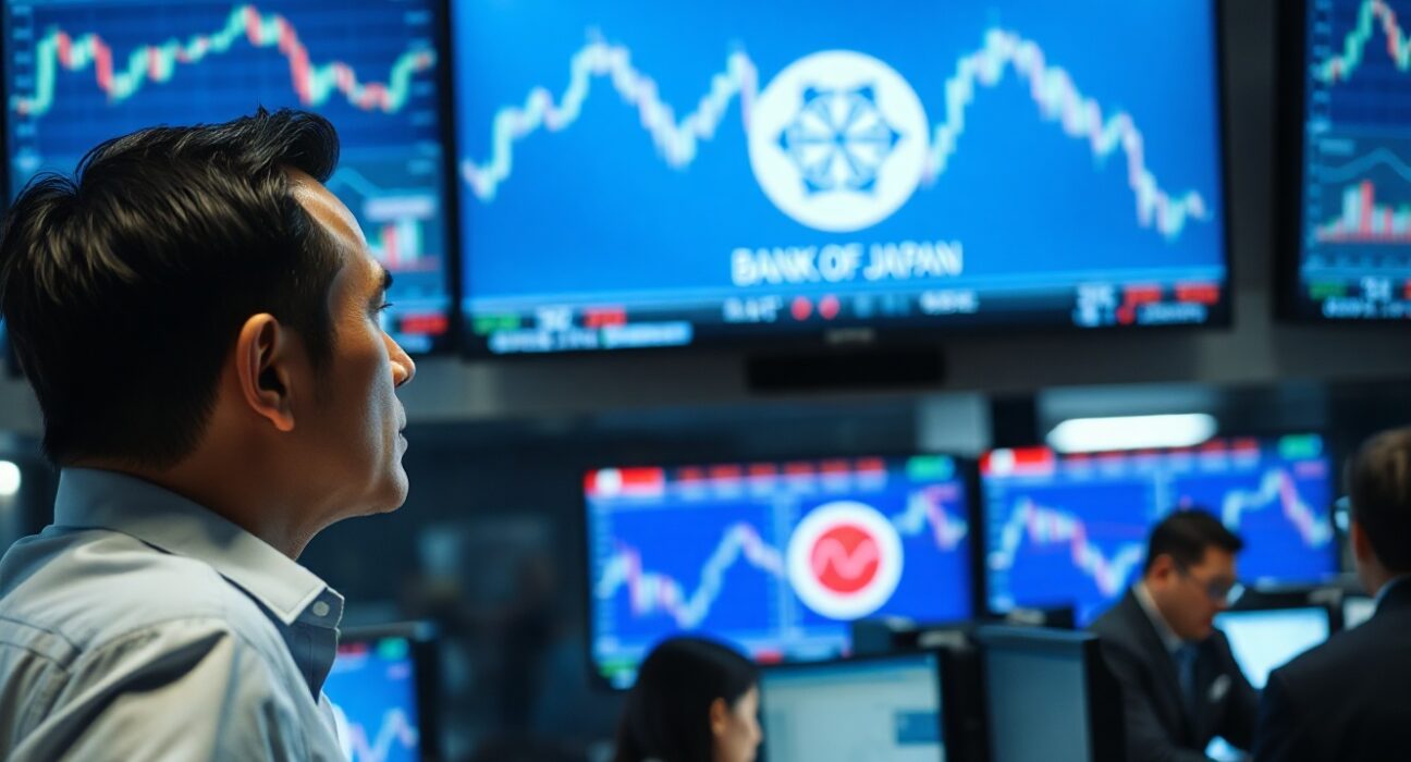 Trader analyzing USD/JPY charts with Bank of Japan logo on screen