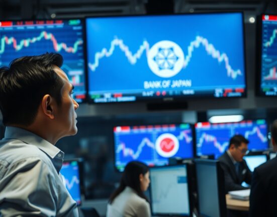 Trader analyzing USD/JPY charts with Bank of Japan logo on screen