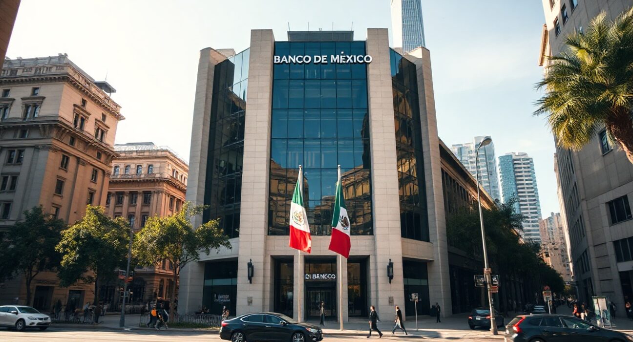 Banco de México headquarters in Mexico City, with the central bank's monetary policy outlook in focus.