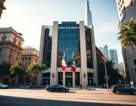Banco de México headquarters in Mexico City, with the central bank's monetary policy outlook in focus.
