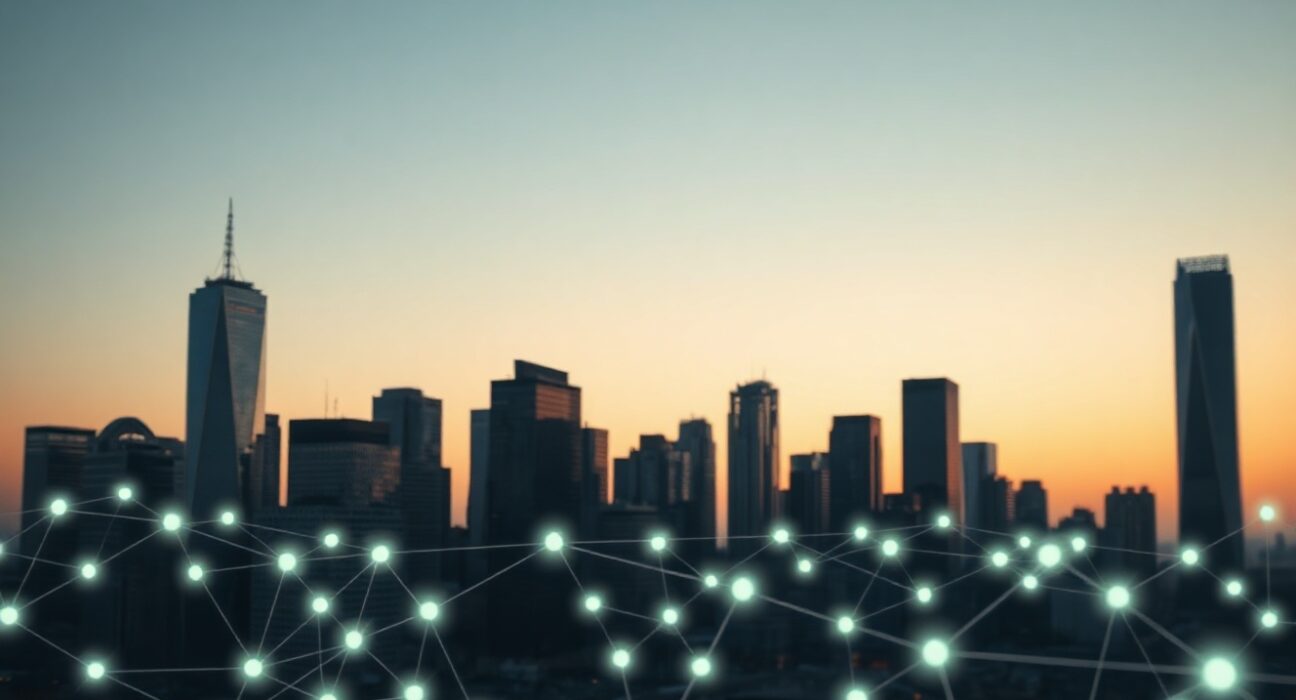 Financial district skyline at dusk with digital network overlay representing tokenization market growth.