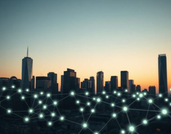 Financial district skyline at dusk with digital network overlay representing tokenization market growth.