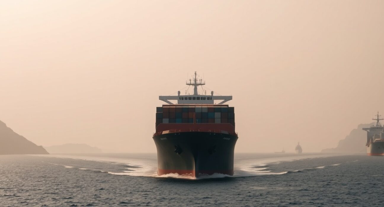 Container ship navigating the Strait of Hormuz under overcast sky, symbolizing geopolitical tension and trade disruption.