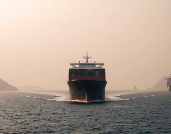 Container ship navigating the Strait of Hormuz under overcast sky, symbolizing geopolitical tension and trade disruption.