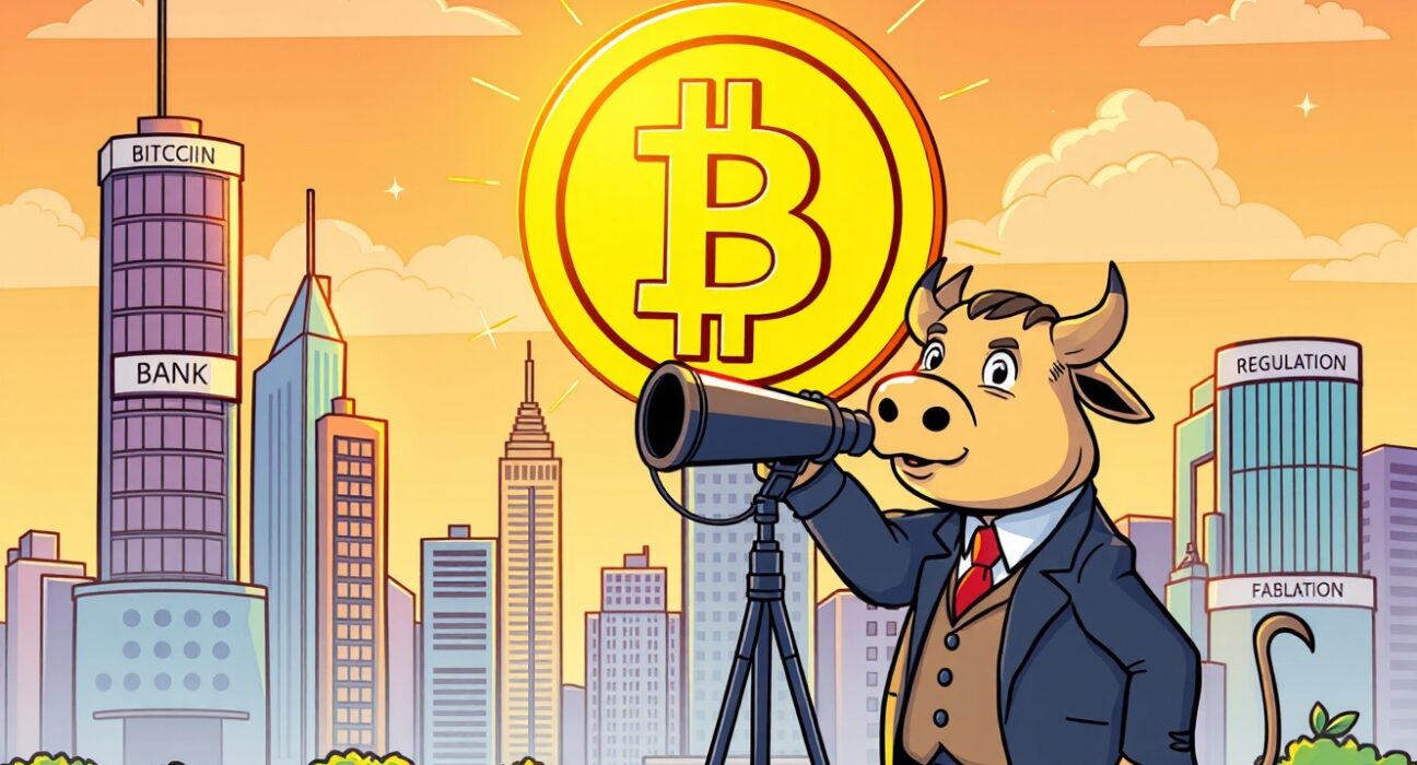 A vibrant cartoon of a giant Bitcoin coin rising over a city, symbolizing Citibank's stunning price forecast.