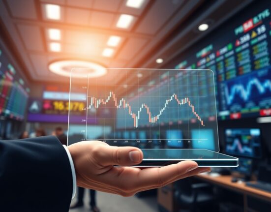 Analyst hand holding a tablet showing a downward-trending Bitcoin price chart, representing Citigroup's revised forecast.