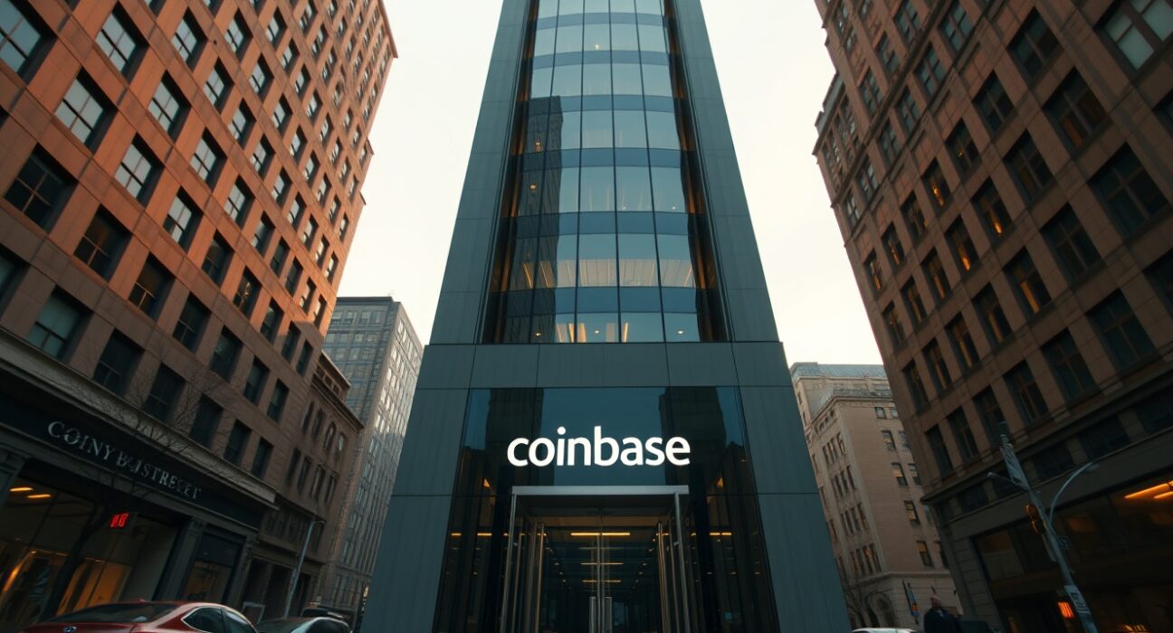 Exterior view of a modern financial district office building with Coinbase branding