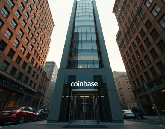 Exterior view of a modern financial district office building with Coinbase branding