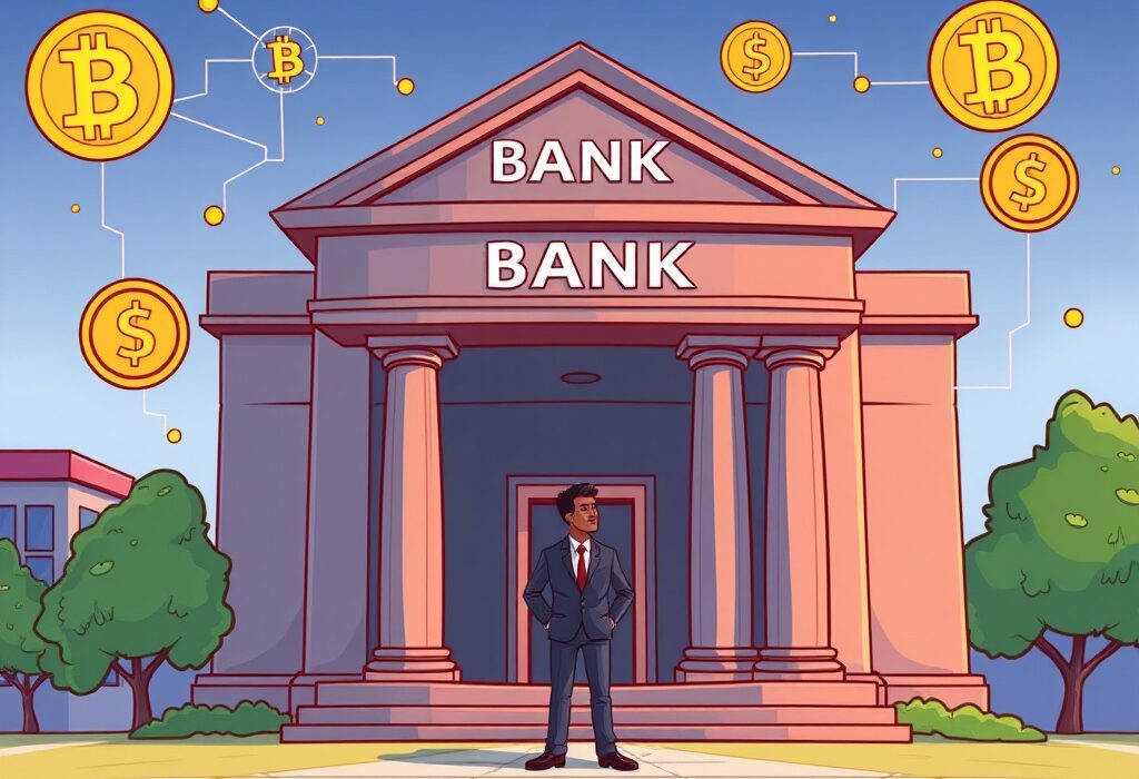 Cartoon illustration depicting Citigroup exploring digital asset services, showing a bank integrating with cryptocurrency symbols.