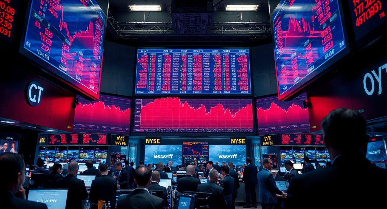 Stock exchange floor with red declining charts on screens indicating market bubble warning from Citigroup