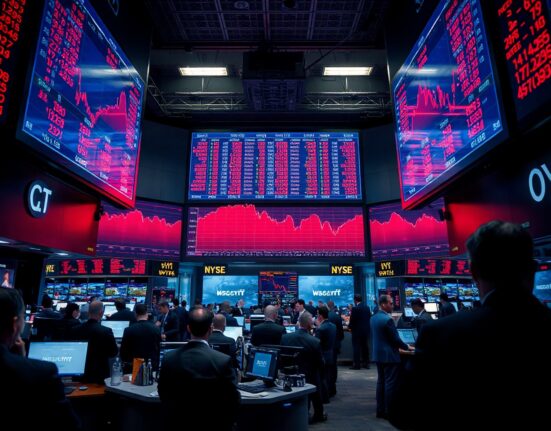 Stock exchange floor with red declining charts on screens indicating market bubble warning from Citigroup