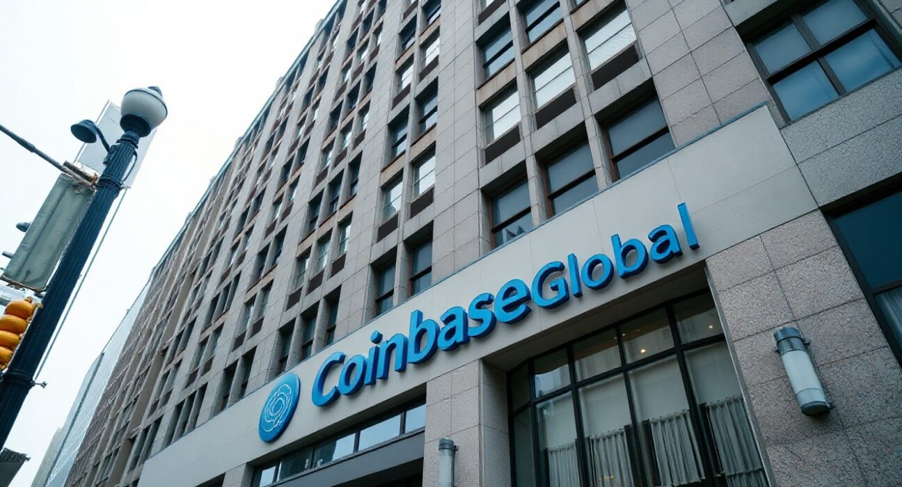 Coinbase Global headquarters building in San Francisco, with company logo visible, under overcast sky.