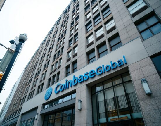 Coinbase Global headquarters building in San Francisco, with company logo visible, under overcast sky.