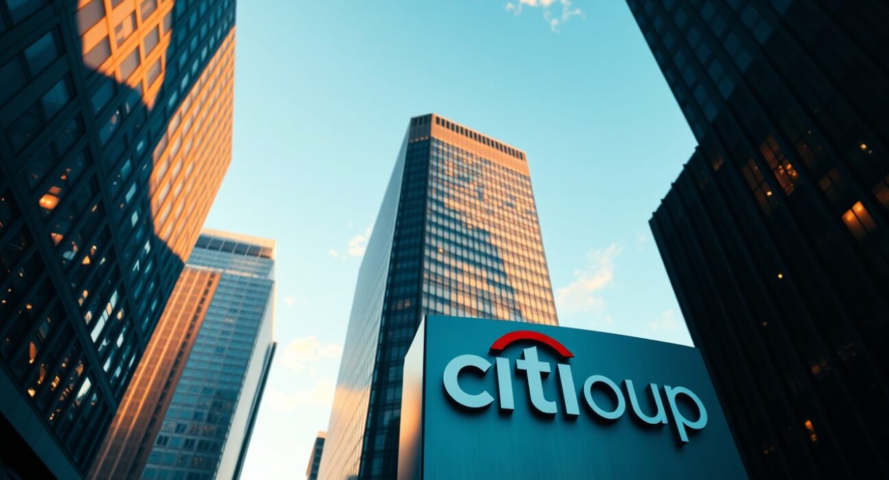 Citigroup building exterior in a financial district at golden hour
