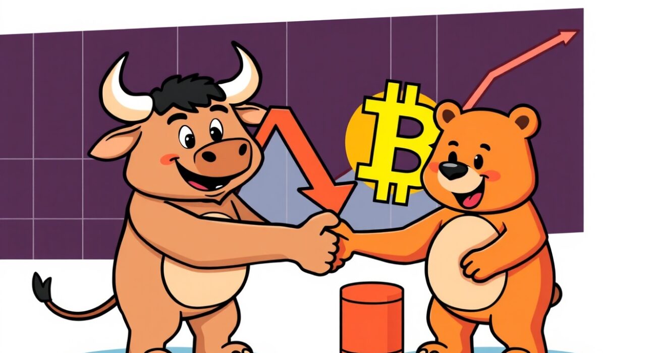 Cartoon illustration analyzing the MicroStrategy price target adjustment amid Bitcoin market trends.
