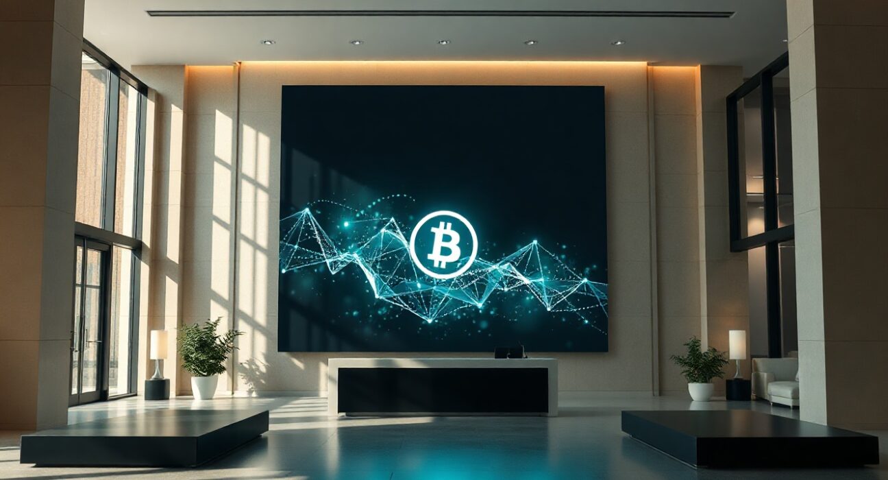 Modern bank lobby with digital display showing blockchain tokenization symbols
