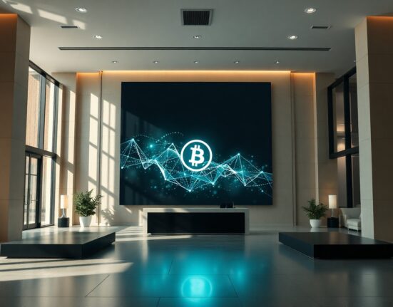 Modern bank lobby with digital display showing blockchain tokenization symbols