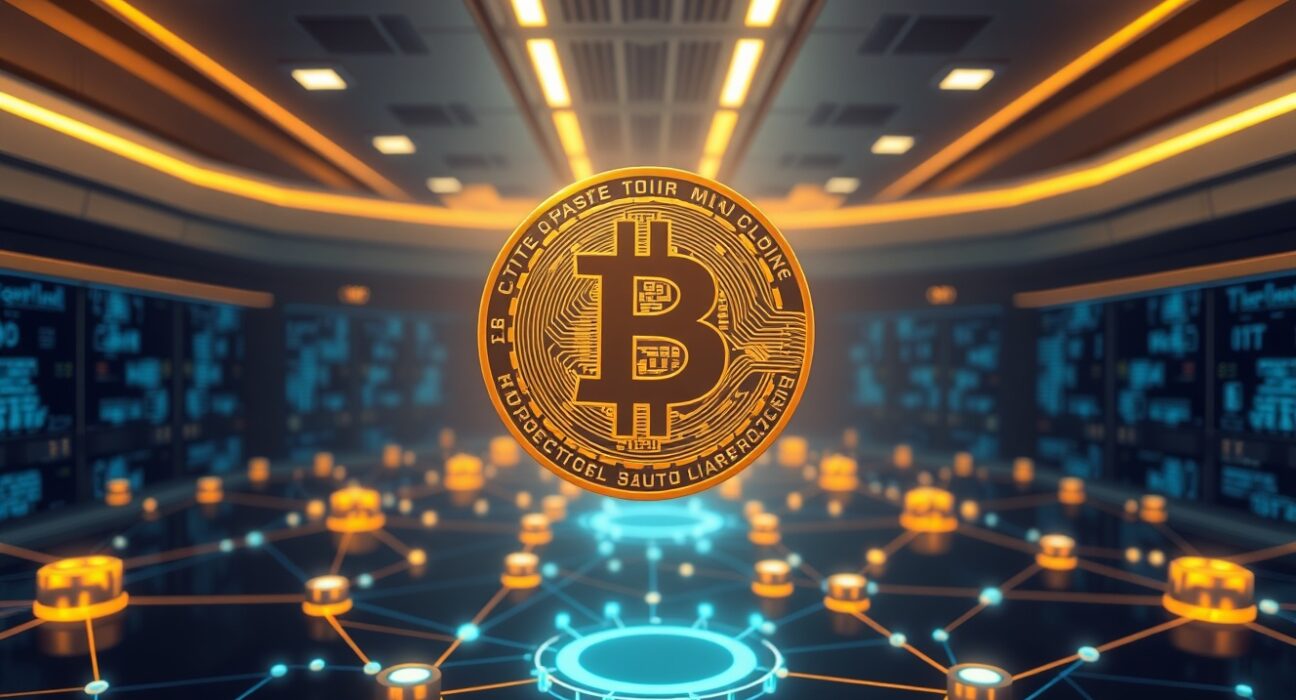 Citrea governance token CTR floating above Bitcoin blockchain network in a futuristic command center