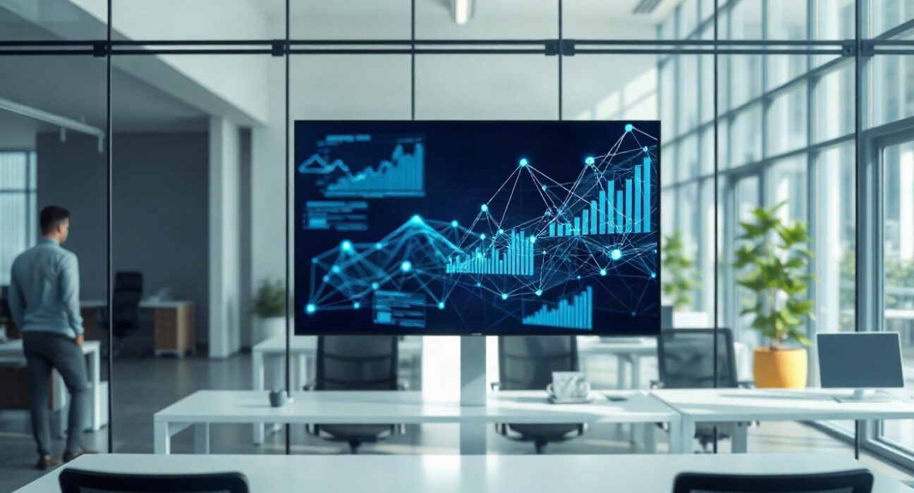 Digital screen displaying blockchain network graphics and financial data charts in a modern office