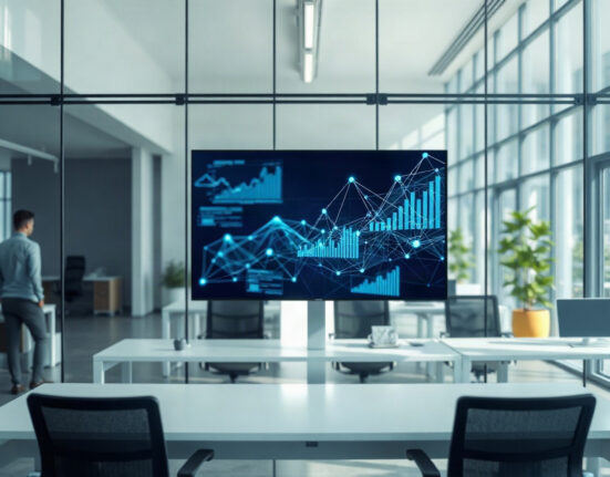 Digital screen displaying blockchain network graphics and financial data charts in a modern office