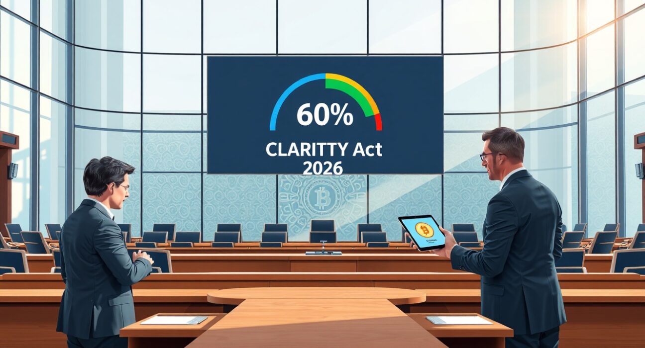 CLARITY Act 2026 probability display in legislative chamber with lawmakers discussing stablecoin regulation