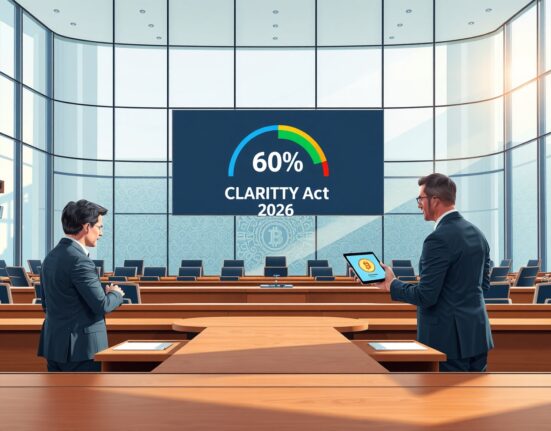 CLARITY Act 2026 probability display in legislative chamber with lawmakers discussing stablecoin regulation