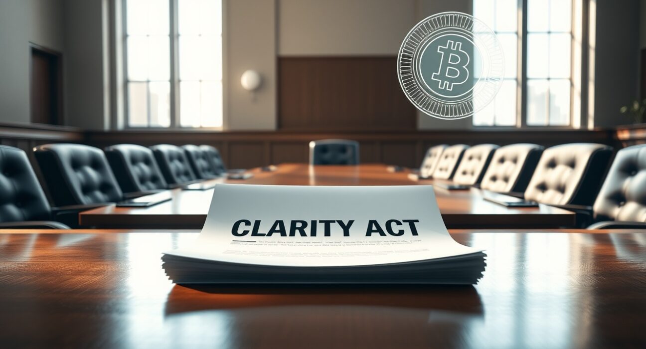 Document titled Clarity Act on a legislative table with subtle digital blockchain symbols