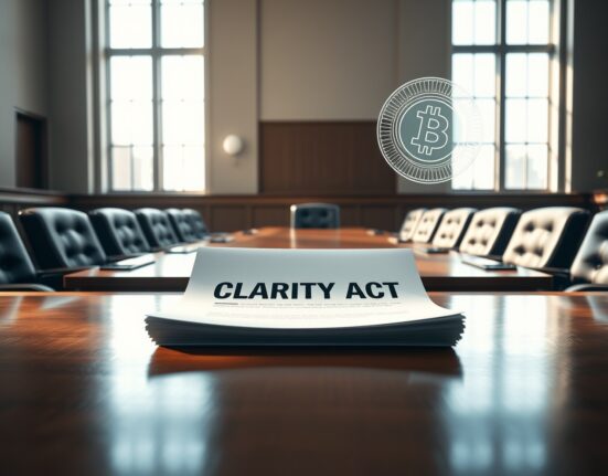 Document titled Clarity Act on a legislative table with subtle digital blockchain symbols