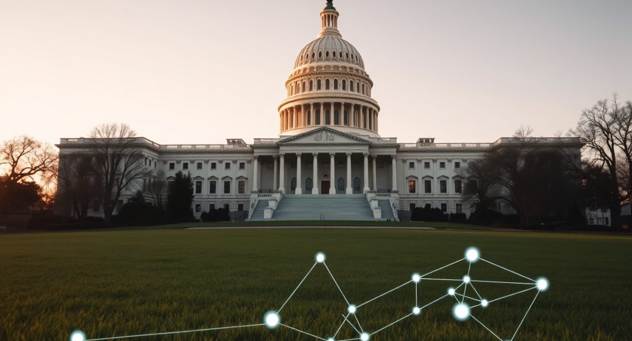 U.S. Capitol building on a clear afternoon with a faint digital network overlay symbolizing DeFi regulation.