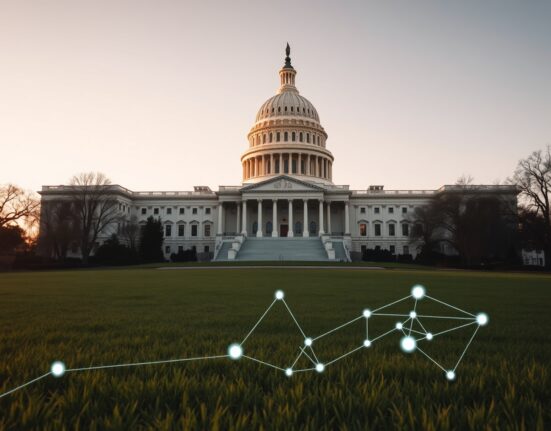 U.S. Capitol building on a clear afternoon with a faint digital network overlay symbolizing DeFi regulation.