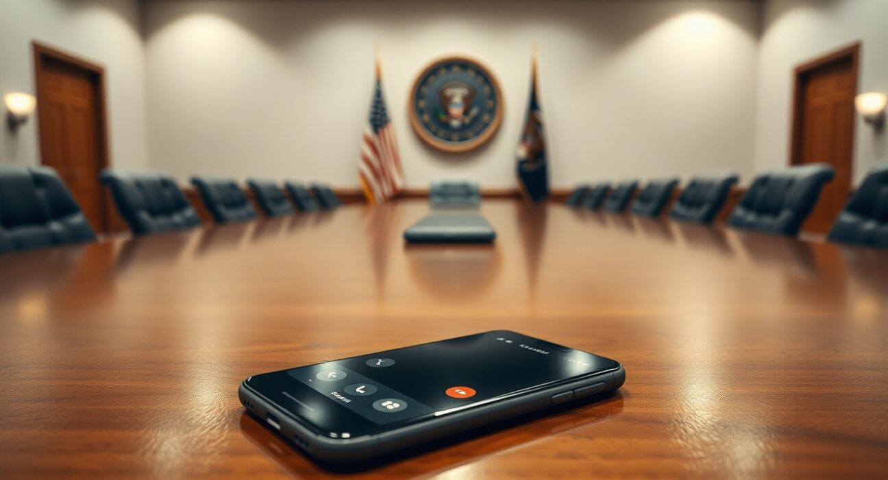 Smartphone on a conference table displaying a call interface, representing a scheduled call on the Clarity Act.