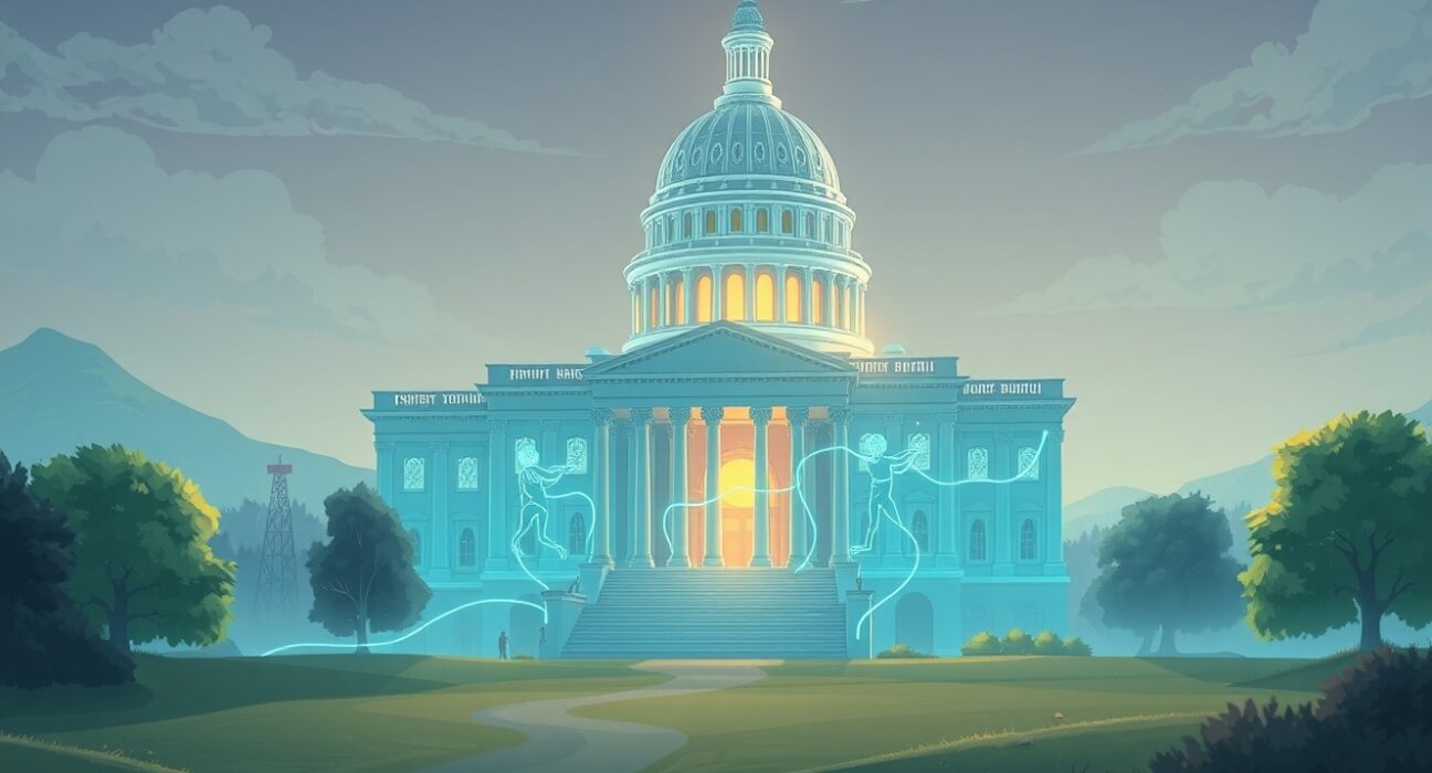 Symbolic Ghibli-style illustration representing the progress of the crypto market structure bill through US legislature.