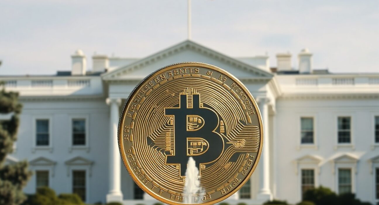 White House with a Bitcoin coin in the foreground, symbolizing the crypto divestment provision in the CLARITY Act.