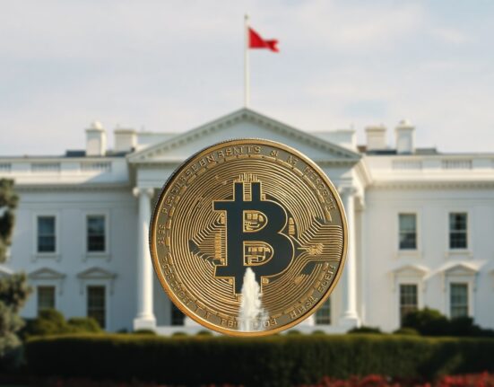 White House with a Bitcoin coin in the foreground, symbolizing the crypto divestment provision in the CLARITY Act.