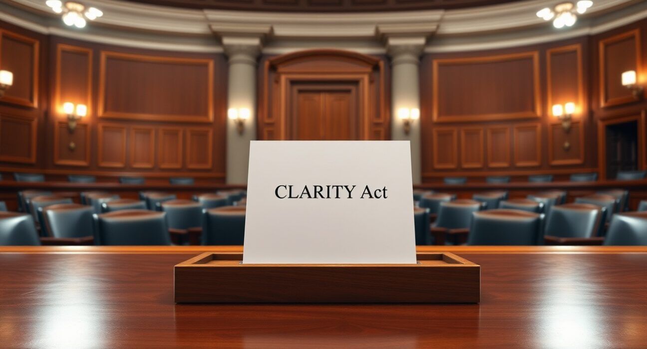 The CLARITY Act document in a U.S. Senate hearing room, symbolizing imminent cryptocurrency regulation.