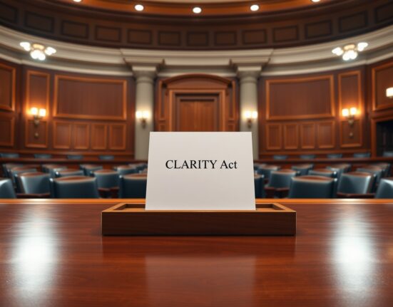 The CLARITY Act document in a U.S. Senate hearing room, symbolizing imminent cryptocurrency regulation.