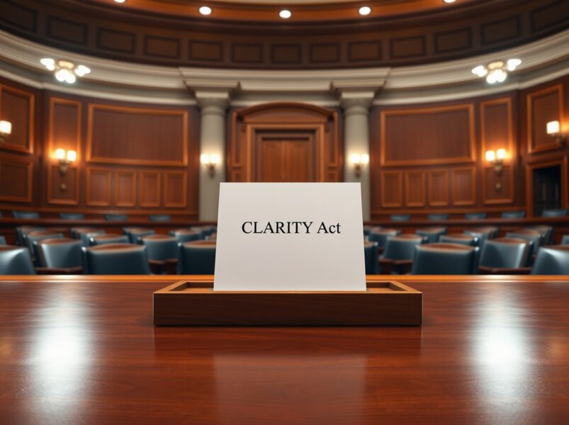 The CLARITY Act document in a U.S. Senate hearing room, symbolizing imminent cryptocurrency regulation.