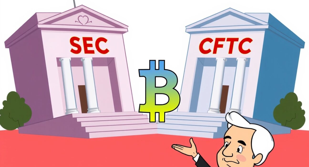 Cartoon illustration of the CLARITY Act bridging cryptocurrency regulation between government agencies.
