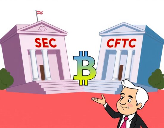 Cartoon illustration of the CLARITY Act bridging cryptocurrency regulation between government agencies.