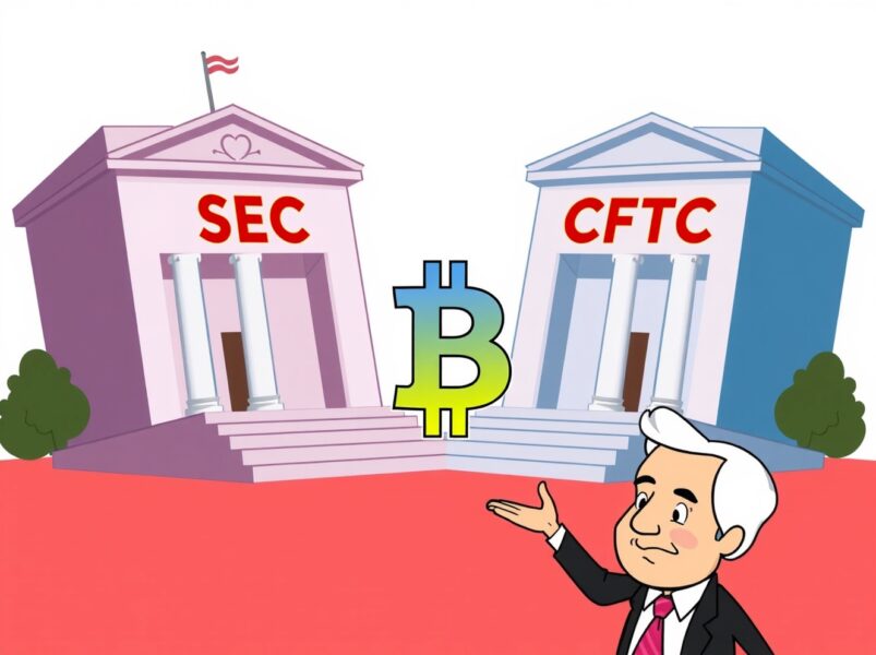 Cartoon illustration of the CLARITY Act bridging cryptocurrency regulation between government agencies.