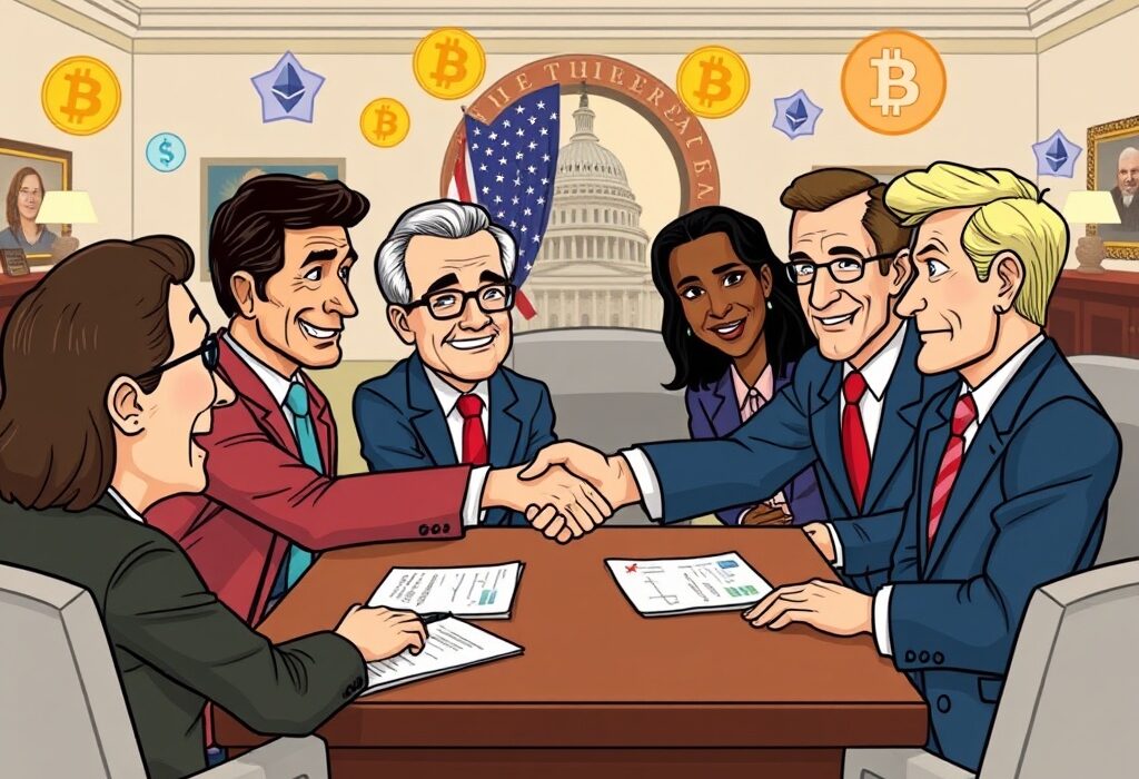 Cartoon illustration showing bipartisan US senators collaborating on the CLARITY Act for digital asset regulation.