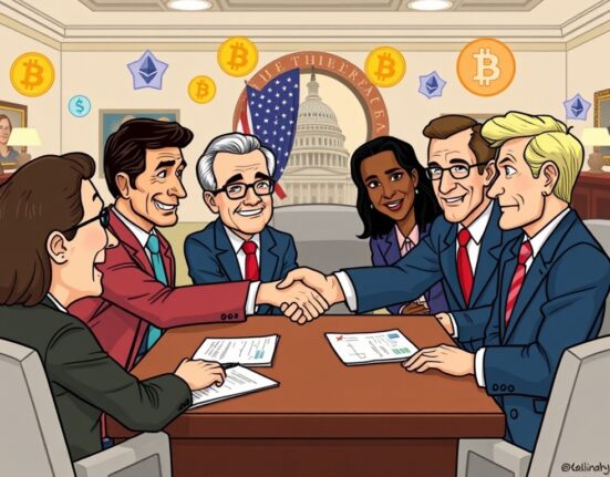 Cartoon illustration showing bipartisan US senators collaborating on the CLARITY Act for digital asset regulation.