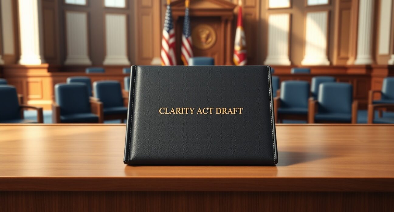 Official draft document of the CLARITY Act on a Senate dais, representing upcoming stablecoin legislation.