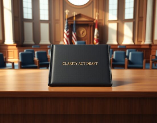 Official draft document of the CLARITY Act on a Senate dais, representing upcoming stablecoin legislation.