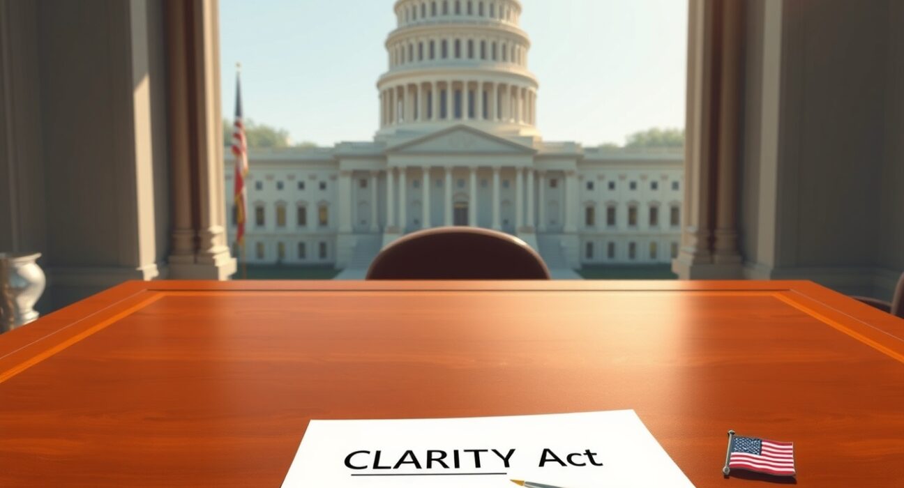 CLARITY Act document on desk with ethics provision targeting Trump family crypto ventures