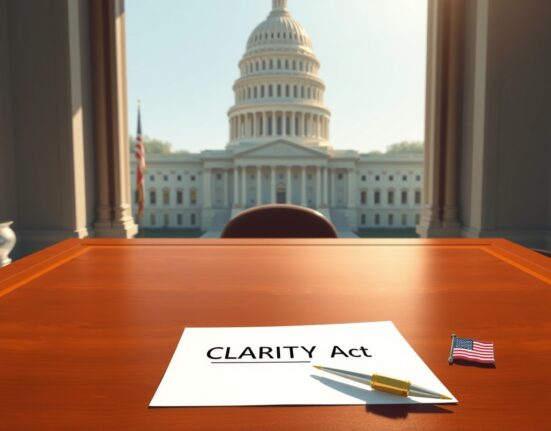 CLARITY Act document on desk with ethics provision targeting Trump family crypto ventures